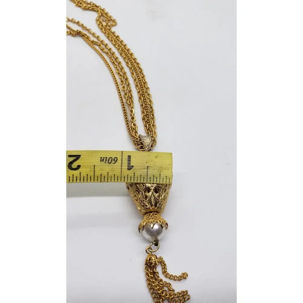 Vtg Pearl Pendant Necklace Tassel Triple Chain Gold Plated 70s Celebrity